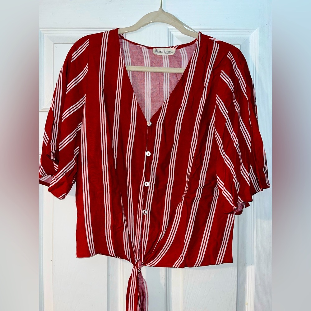 Peach Love California red and white striped tie up blouse